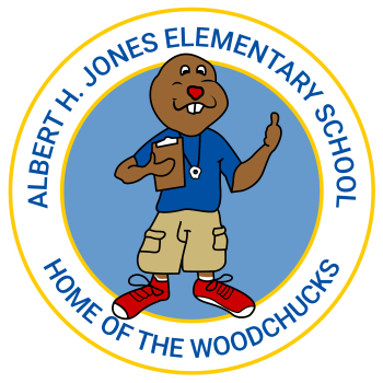 White circle, yellow outline & blue writing Albert H. Jones Elementary School Home of the Woodchucks. Centered woodchuck.